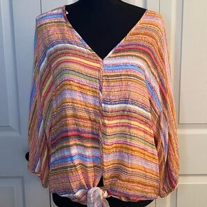 Ali Miles Colorful Striped Tie-Up‎ Front Top Womens L Wide Dolman Sleeve V-Neck